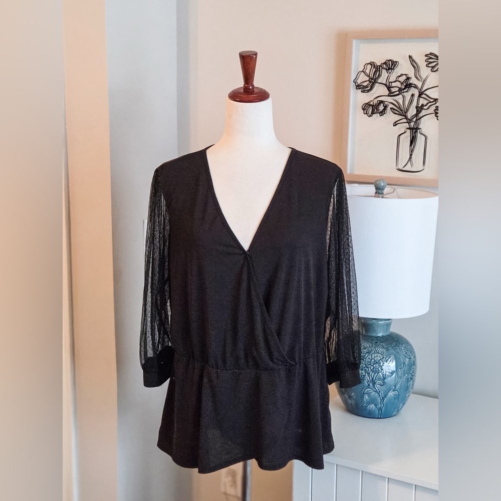 Elegant Black V-Neck Women's Lace Sleeve Top